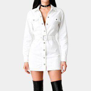 Zara White Button Front Long Sleeve Denim Mini Shirt Casual Dress Size XS/S